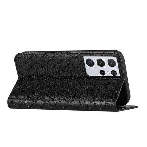 For Samsung Galaxy S21 Ultra 5G / S30 Ultra 5G Rhombus Embossing Litchi Texture Phone Stand Wallet Case RFID Blocking PU Leather Shockproof Cover