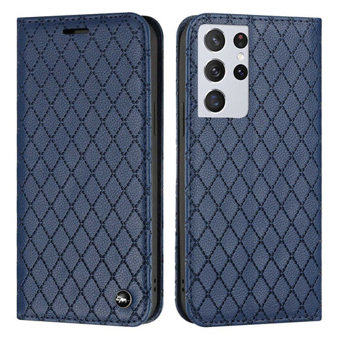For Samsung Galaxy S21 Ultra 5G / S30 Ultra 5G Rhombus Embossing Litchi Texture Phone Stand Wallet Case RFID Blocking PU Leather Shockproof Cover