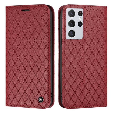 For Samsung Galaxy S21 Ultra 5G / S30 Ultra 5G Rhombus Embossing Litchi Texture Phone Stand Wallet Case RFID Blocking PU Leather Shockproof Cover