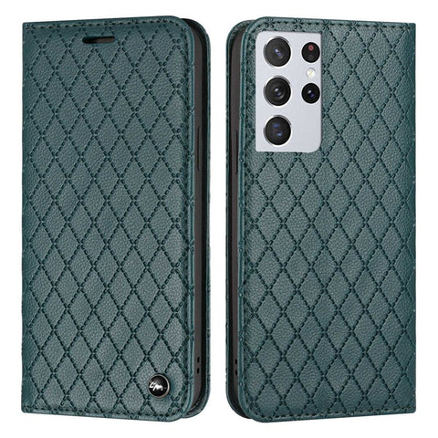 For Samsung Galaxy S21 Ultra 5G / S30 Ultra 5G Rhombus Embossing Litchi Texture Phone Stand Wallet Case RFID Blocking PU Leather Shockproof Cover