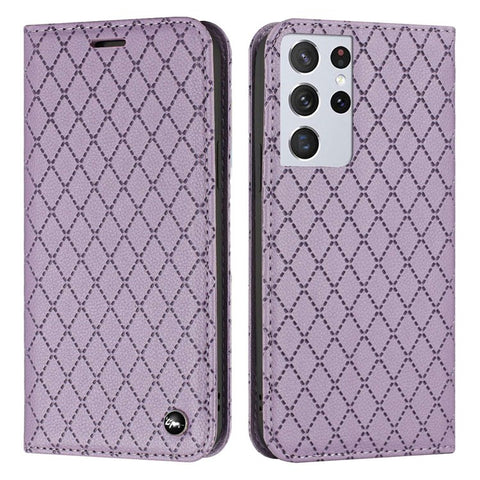 For Samsung Galaxy S21 Ultra 5G / S30 Ultra 5G Rhombus Embossing Litchi Texture Phone Stand Wallet Case RFID Blocking PU Leather Shockproof Cover