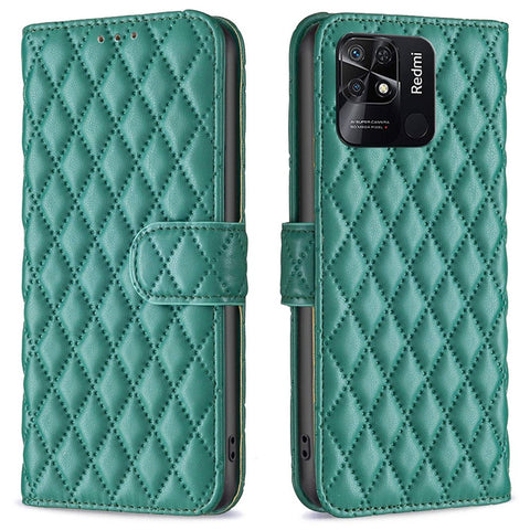 BINFEN COLOR For Xiaomi Redmi 10C BF Style-14 Stand Wallet Matte Leather Case Imprinted Rhombus Pattern Folio Flip Phone Shell