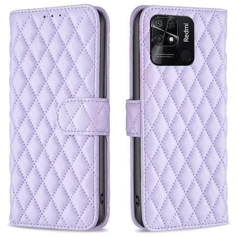 BINFEN COLOR For Xiaomi Redmi 10C BF Style-14 Stand Wallet Matte Leather Case Imprinted Rhombus Pattern Folio Flip Phone Shell