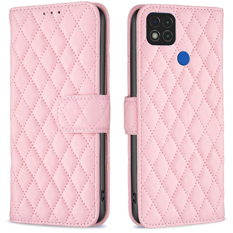 BINFEN COLOR For Xiaomi Redmi 9C / 9C NFC / Redmi 10A / Poco C31 BF Style-14 Imprinted Rhombus Pattern PU Leather TPU Matte Phone Case Stand Wallet Protective Cover