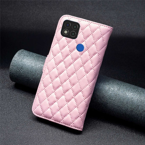 BINFEN COLOR For Xiaomi Redmi 9C / 9C NFC / Redmi 10A / Poco C31 BF Style-14 Imprinted Rhombus Pattern PU Leather TPU Matte Phone Case Stand Wallet Protective Cover