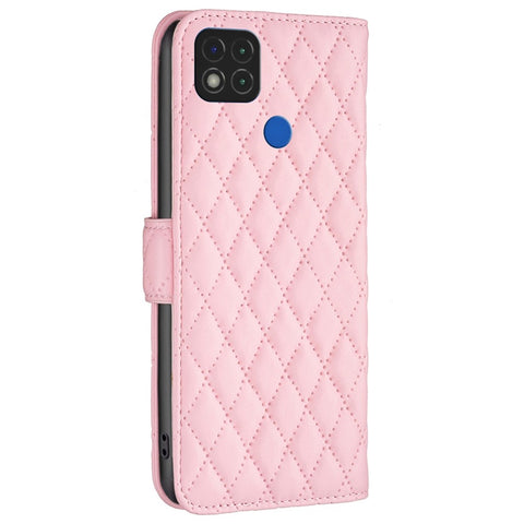 BINFEN COLOR For Xiaomi Redmi 9C / 9C NFC / Redmi 10A / Poco C31 BF Style-14 Imprinted Rhombus Pattern PU Leather TPU Matte Phone Case Stand Wallet Protective Cover