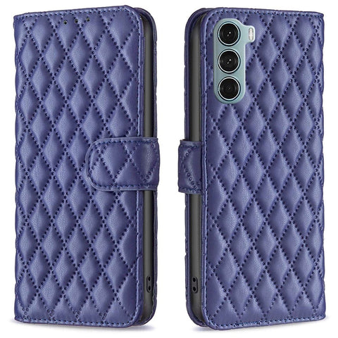 BINFEN COLOR For Motorola Moto G200 5G / Edge S30 BF Style-14 Imprinted Rhombus Pattern Stand Wallet Case PU Leather Matte Anti-scratch Phone Shell