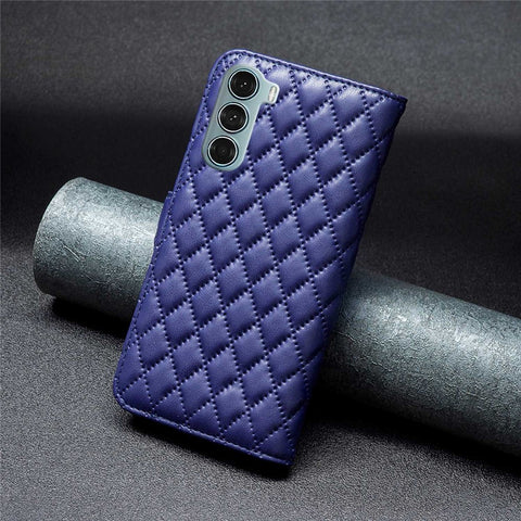 BINFEN COLOR For Motorola Moto G200 5G / Edge S30 BF Style-14 Imprinted Rhombus Pattern Stand Wallet Case PU Leather Matte Anti-scratch Phone Shell
