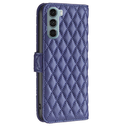BINFEN COLOR For Motorola Moto G200 5G / Edge S30 BF Style-14 Imprinted Rhombus Pattern Stand Wallet Case PU Leather Matte Anti-scratch Phone Shell