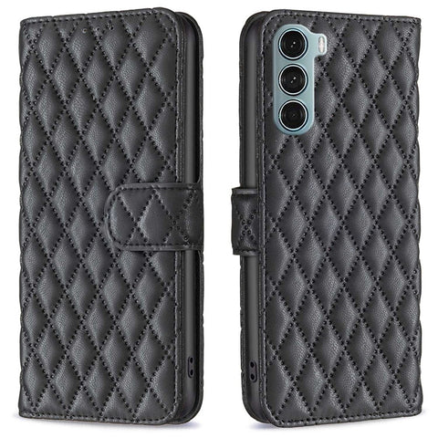 BINFEN COLOR For Motorola Moto G200 5G / Edge S30 BF Style-14 Imprinted Rhombus Pattern Stand Wallet Case PU Leather Matte Anti-scratch Phone Shell