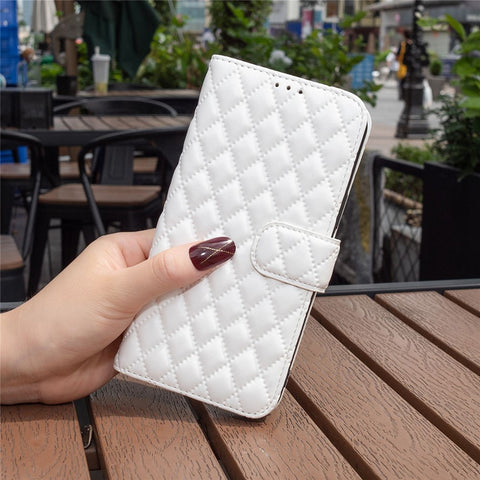 BINFEN COLOR For Motorola Moto E40 / E30 BF Style-14 Wallet Phone Cover Matte Imprinted Rhombus Pattern PU Leather Stand Case