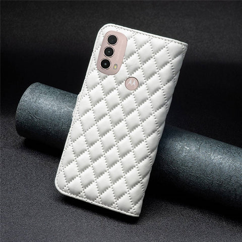 BINFEN COLOR For Motorola Moto E40 / E30 BF Style-14 Wallet Phone Cover Matte Imprinted Rhombus Pattern PU Leather Stand Case