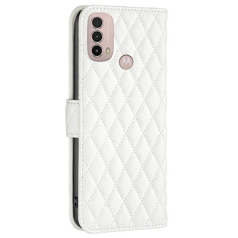 BINFEN COLOR For Motorola Moto E40 / E30 BF Style-14 Wallet Phone Cover Matte Imprinted Rhombus Pattern PU Leather Stand Case