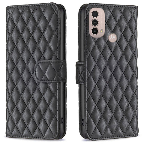 BINFEN COLOR For Motorola Moto E40 / E30 BF Style-14 Wallet Phone Cover Matte Imprinted Rhombus Pattern PU Leather Stand Case