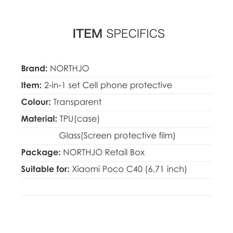 NORTHJO For Xiaomi Poco C40 4G Phone Case TPU Back Cover with Ultra Slim Tempered Glass Screen Protector
