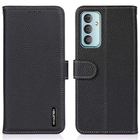 KHAZNEH for Samsung Galaxy M13 4G Wallet Style Cover Litchi Texture Genuine Leather Stand TPU Inner Anti-scratch Phone Case