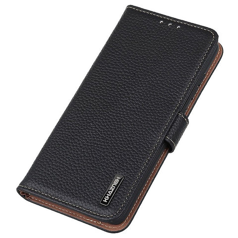 KHAZNEH for Samsung Galaxy M13 4G Wallet Style Cover Litchi Texture Genuine Leather Stand TPU Inner Anti-scratch Phone Case
