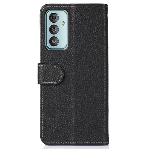 KHAZNEH for Samsung Galaxy M13 4G Wallet Style Cover Litchi Texture Genuine Leather Stand TPU Inner Anti-scratch Phone Case