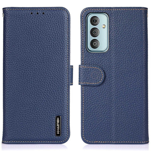 KHAZNEH for Samsung Galaxy M13 4G Wallet Style Cover Litchi Texture Genuine Leather Stand TPU Inner Anti-scratch Phone Case