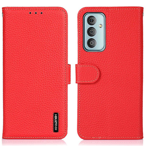 KHAZNEH for Samsung Galaxy M13 4G Wallet Style Cover Litchi Texture Genuine Leather Stand TPU Inner Anti-scratch Phone Case