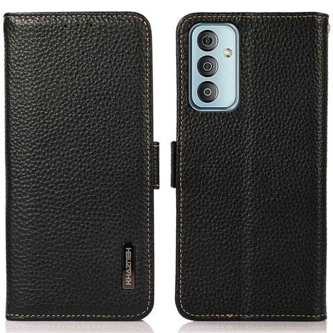 KHAZNEH Phone Case for Samsung Galaxy M13 4G, Litchi Texture Wear-resistant Anti-fall Genuine Leather RFID Blocking Cover with Wallet Stand
