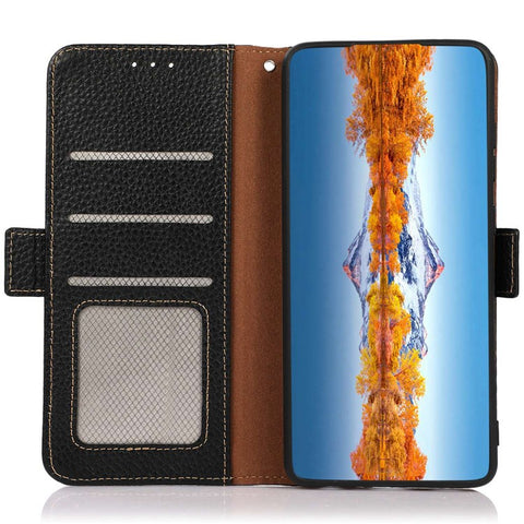 KHAZNEH Phone Case for Samsung Galaxy M13 4G, Litchi Texture Wear-resistant Anti-fall Genuine Leather RFID Blocking Cover with Wallet Stand
