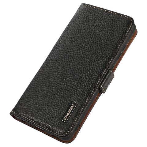 KHAZNEH Phone Case for Samsung Galaxy M13 4G, Litchi Texture Wear-resistant Anti-fall Genuine Leather RFID Blocking Cover with Wallet Stand