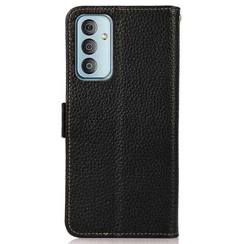 KHAZNEH Phone Case for Samsung Galaxy M13 4G, Litchi Texture Wear-resistant Anti-fall Genuine Leather RFID Blocking Cover with Wallet Stand