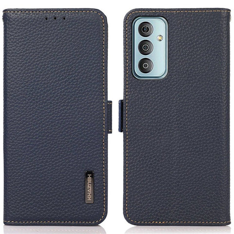 KHAZNEH Phone Case for Samsung Galaxy M13 4G, Litchi Texture Wear-resistant Anti-fall Genuine Leather RFID Blocking Cover with Wallet Stand