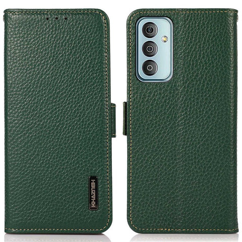 KHAZNEH Phone Case for Samsung Galaxy M13 4G, Litchi Texture Wear-resistant Anti-fall Genuine Leather RFID Blocking Cover with Wallet Stand