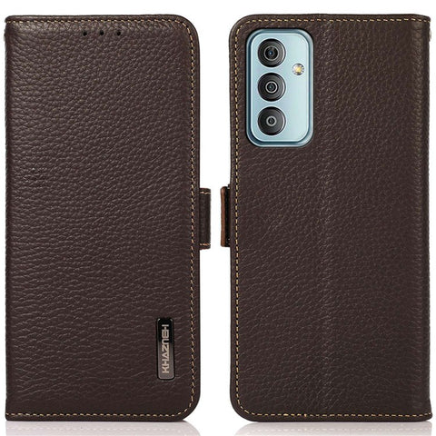KHAZNEH Phone Case for Samsung Galaxy M13 4G, Litchi Texture Wear-resistant Anti-fall Genuine Leather RFID Blocking Cover with Wallet Stand