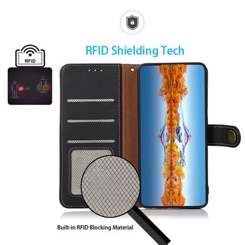 KHAZNEH For Samsung Galaxy M13 4G Anti-fall Magnetic Genuine Leather Wallet Style Anti-wear Phone Case RFID Blocking TPU Stand Cover