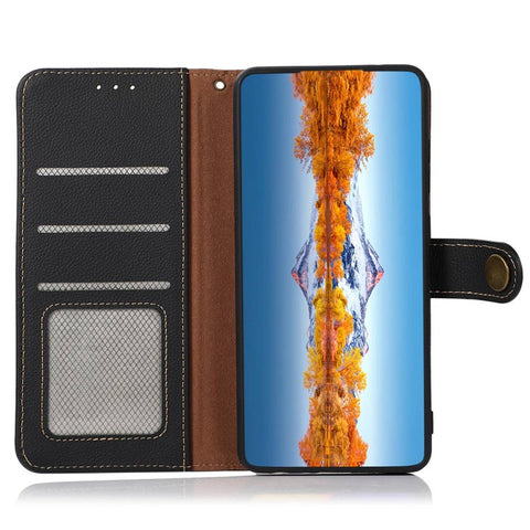 KHAZNEH For Samsung Galaxy M13 4G Anti-fall Magnetic Genuine Leather Wallet Style Anti-wear Phone Case RFID Blocking TPU Stand Cover