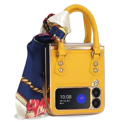 GKK for Samsung Galaxy Z Flip3 5G Hand Grip Design Leather Coated PC Anti-fingerprint Phone Case with Silk Scarf