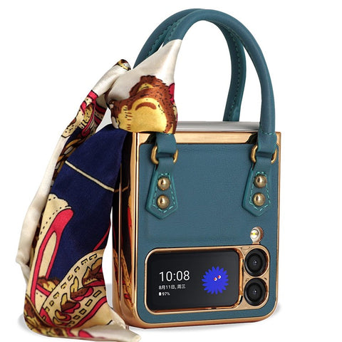 GKK for Samsung Galaxy Z Flip3 5G Hand Grip Design Leather Coated PC Anti-fingerprint Phone Case with Silk Scarf