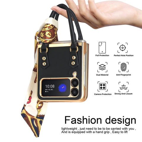 GKK for Samsung Galaxy Z Flip3 5G Hand Grip Design Leather Coated PC Anti-fingerprint Phone Case with Silk Scarf