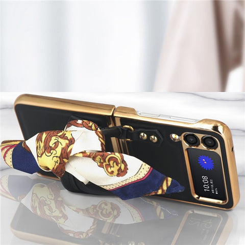 GKK for Samsung Galaxy Z Flip3 5G Hand Grip Design Leather Coated PC Anti-fingerprint Phone Case with Silk Scarf
