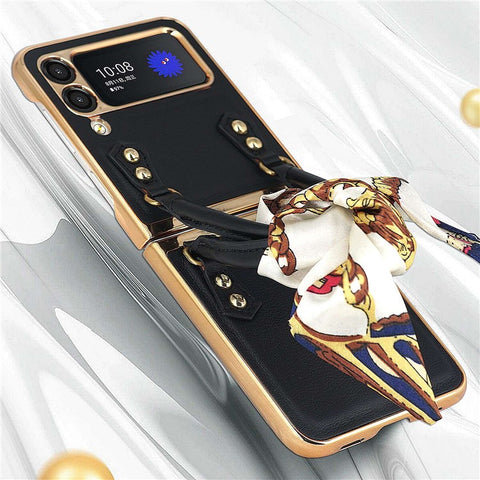 GKK for Samsung Galaxy Z Flip3 5G Hand Grip Design Leather Coated PC Anti-fingerprint Phone Case with Silk Scarf