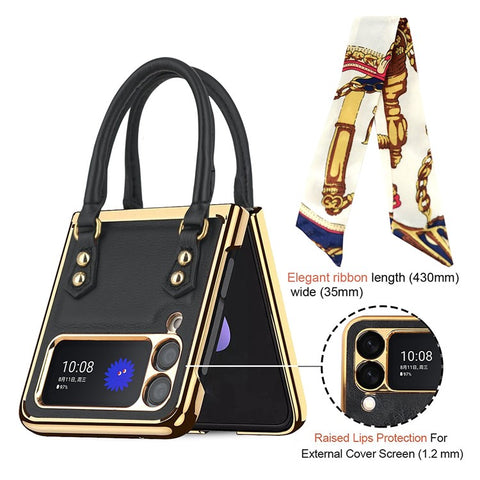 GKK for Samsung Galaxy Z Flip3 5G Hand Grip Design Leather Coated PC Anti-fingerprint Phone Case with Silk Scarf