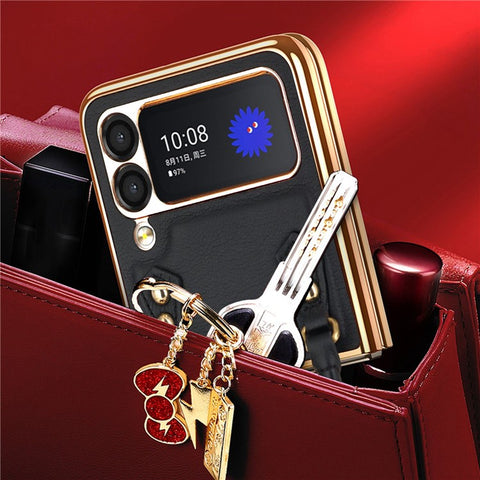 GKK for Samsung Galaxy Z Flip3 5G Hand Grip Design Leather Coated PC Anti-fingerprint Phone Case with Silk Scarf