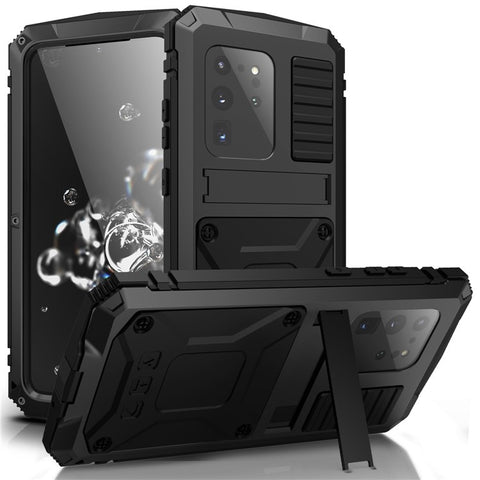 R-JUST For Samsung Galaxy S20 Ultra Metal + Silicone + PC Phone Case Kickstand Full Cover Shell with Tempered Glass Film