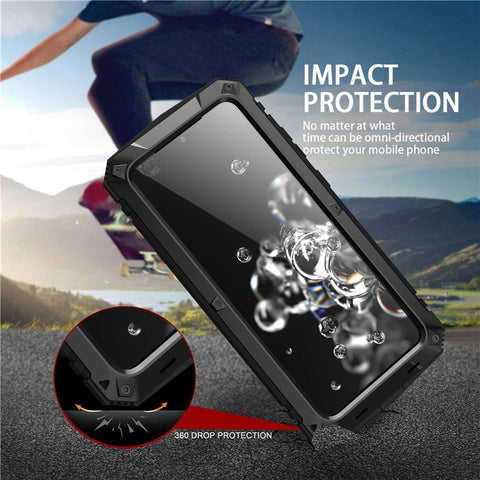 R-JUST For Samsung Galaxy S20 Ultra Metal + Silicone + PC Phone Case Kickstand Full Cover Shell with Tempered Glass Film