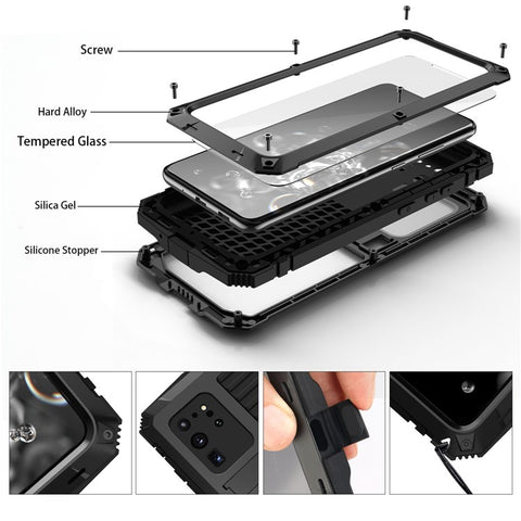 R-JUST For Samsung Galaxy S20 Ultra Metal + Silicone + PC Phone Case Kickstand Full Cover Shell with Tempered Glass Film
