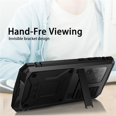 R-JUST For Samsung Galaxy S20 Ultra Metal + Silicone + PC Phone Case Kickstand Full Cover Shell with Tempered Glass Film