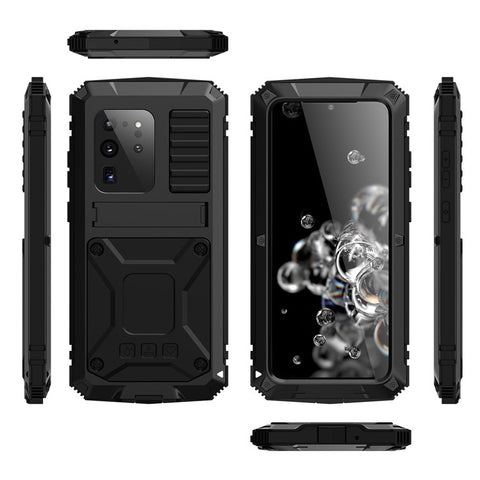 R-JUST For Samsung Galaxy S20 Ultra Metal + Silicone + PC Phone Case Kickstand Full Cover Shell with Tempered Glass Film