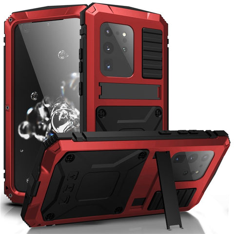 R-JUST For Samsung Galaxy S20 Ultra Metal + Silicone + PC Phone Case Kickstand Full Cover Shell with Tempered Glass Film