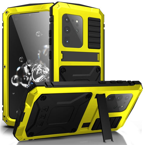 R-JUST For Samsung Galaxy S20 Ultra Metal + Silicone + PC Phone Case Kickstand Full Cover Shell with Tempered Glass Film