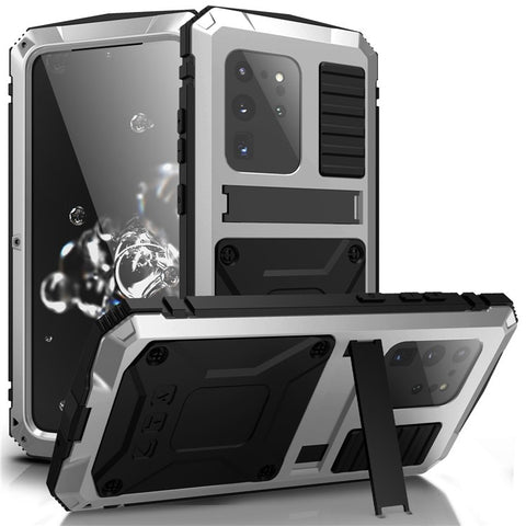 R-JUST For Samsung Galaxy S20 Ultra Metal + Silicone + PC Phone Case Kickstand Full Cover Shell with Tempered Glass Film
