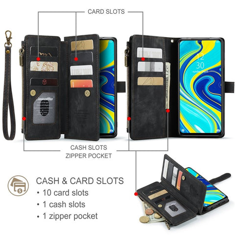 For Xiaomi Redmi Note 9 Pro 4G / Note 9 Pro Max / Note 9S 4G Phone Cases with Strap CASEME C30 Zipper Multiple Card Holder PU Leather Cover