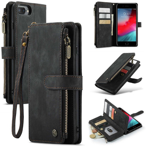 For iPhone 6 Plus / 6s Plus / 7 Plus / 8 Plus Phone Cases with Strap CASEME C30 Zipper Multiple Card Holder PU Leather Cover
